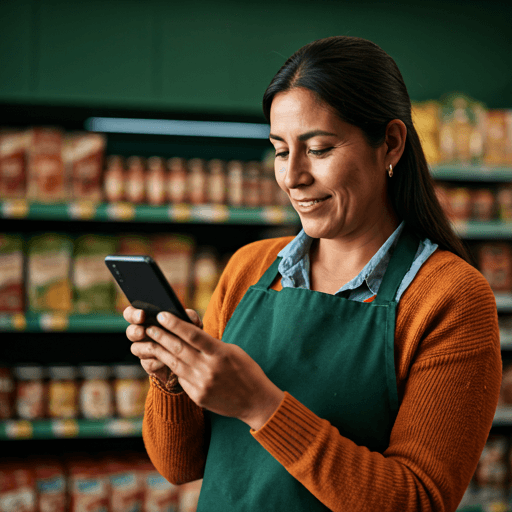 Comerciante boliviana usando VentaYa en su celular